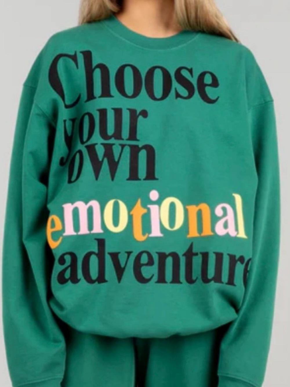 Green Graphic Crewneck Sweatshirt with Multicolor Text